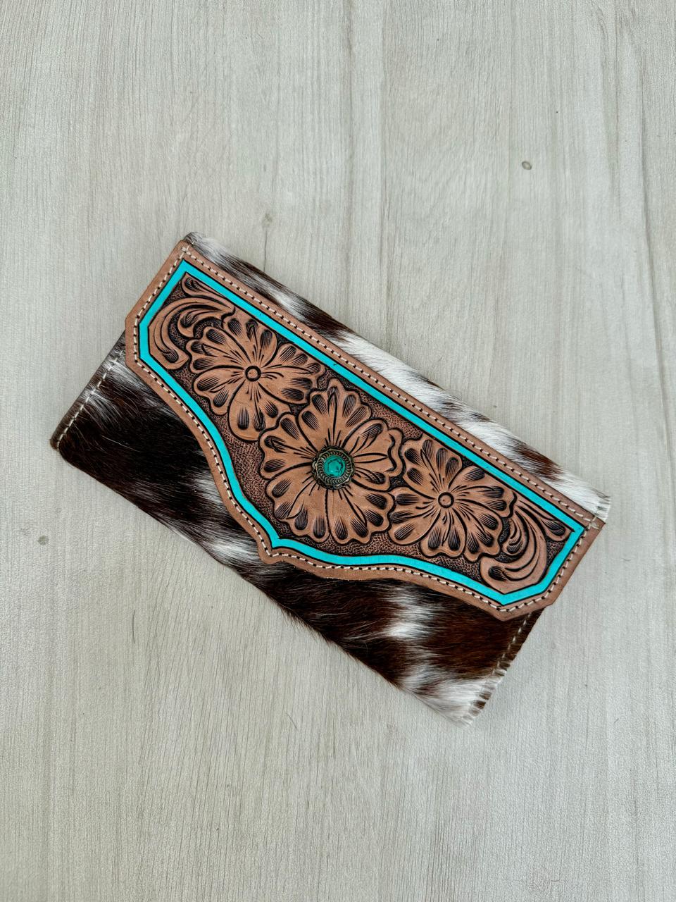 Cowhide Tooling Leather Wallet With Turquoise Stonework