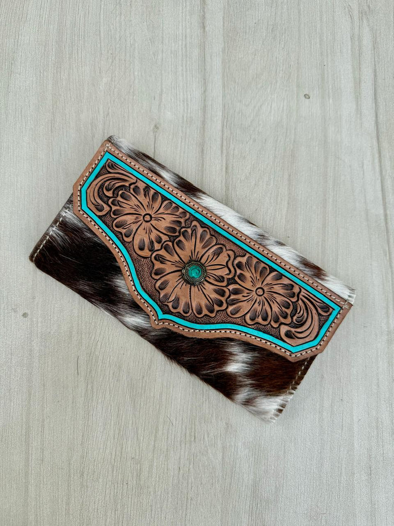 Cowhide Tooling Leather Wallet With Turquoise Stonework