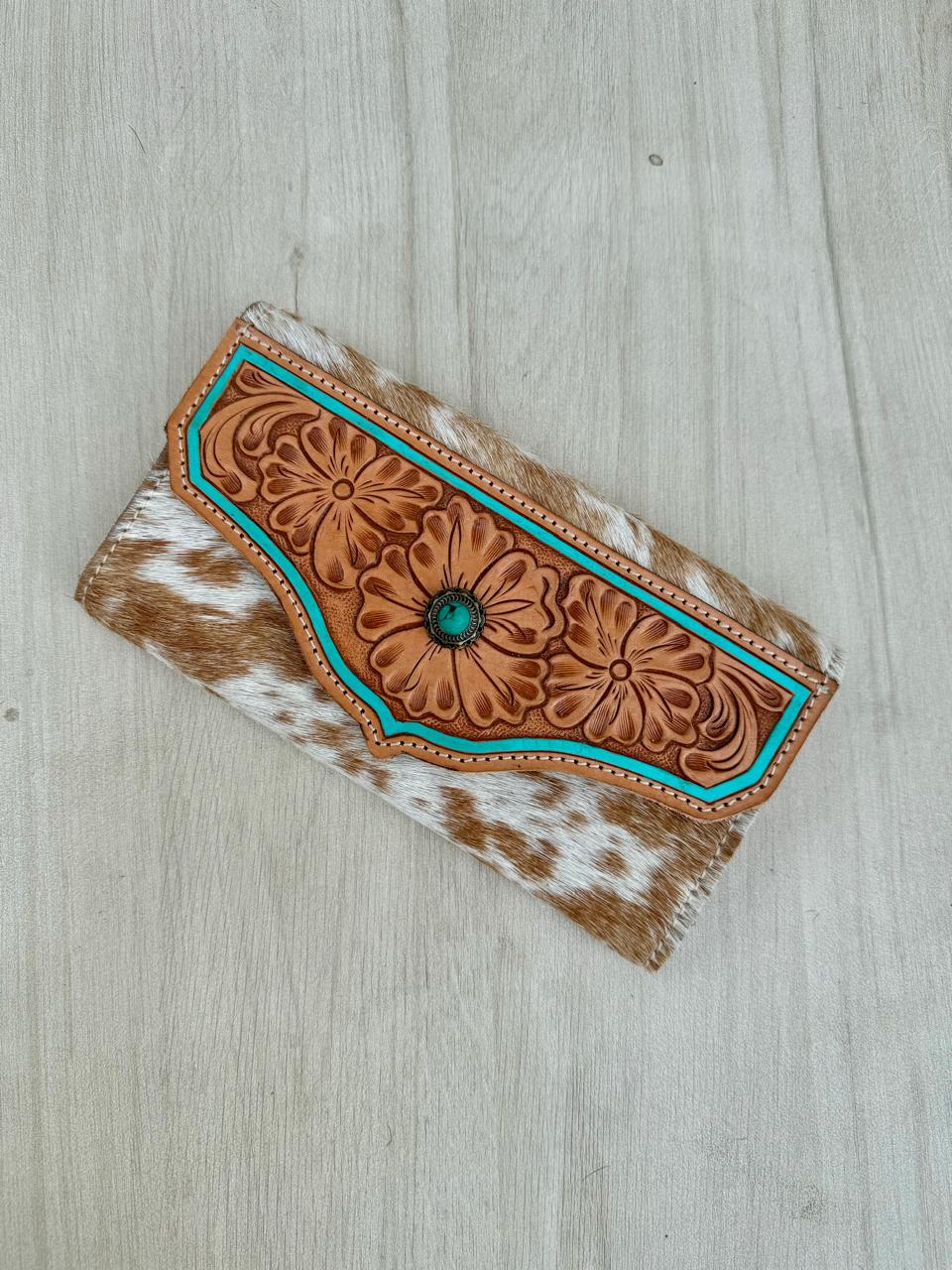Cowhide Tooling Leather Wallet With Turquoise Stonework