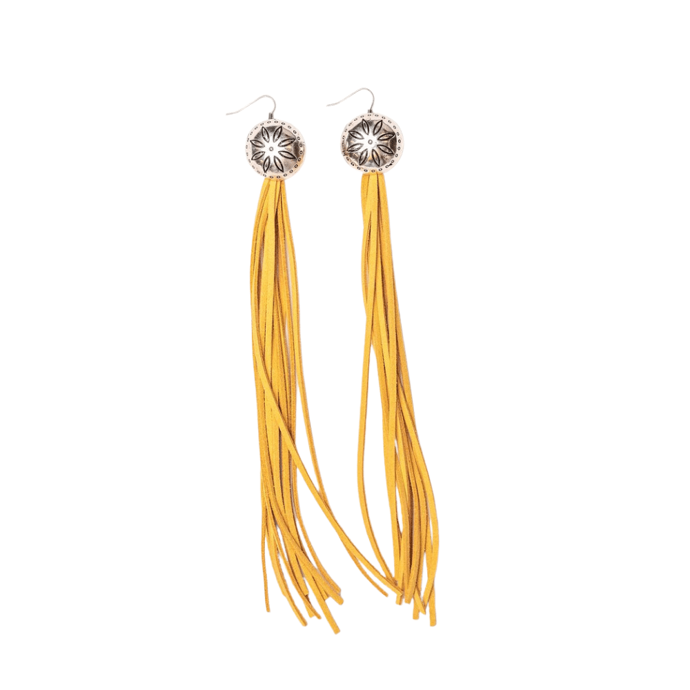 West & Co - Burnished Silver Flower Concho with Mustard Leather Tassel Earring