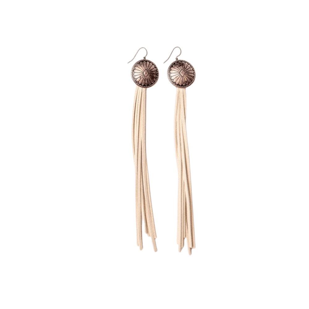 West & Co - 8" Copper Concho with Ivory Leather Tassel Earring