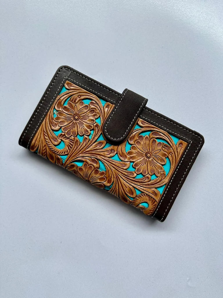 Tooling Leather Carved Clutch Wallet with Turquoise Base