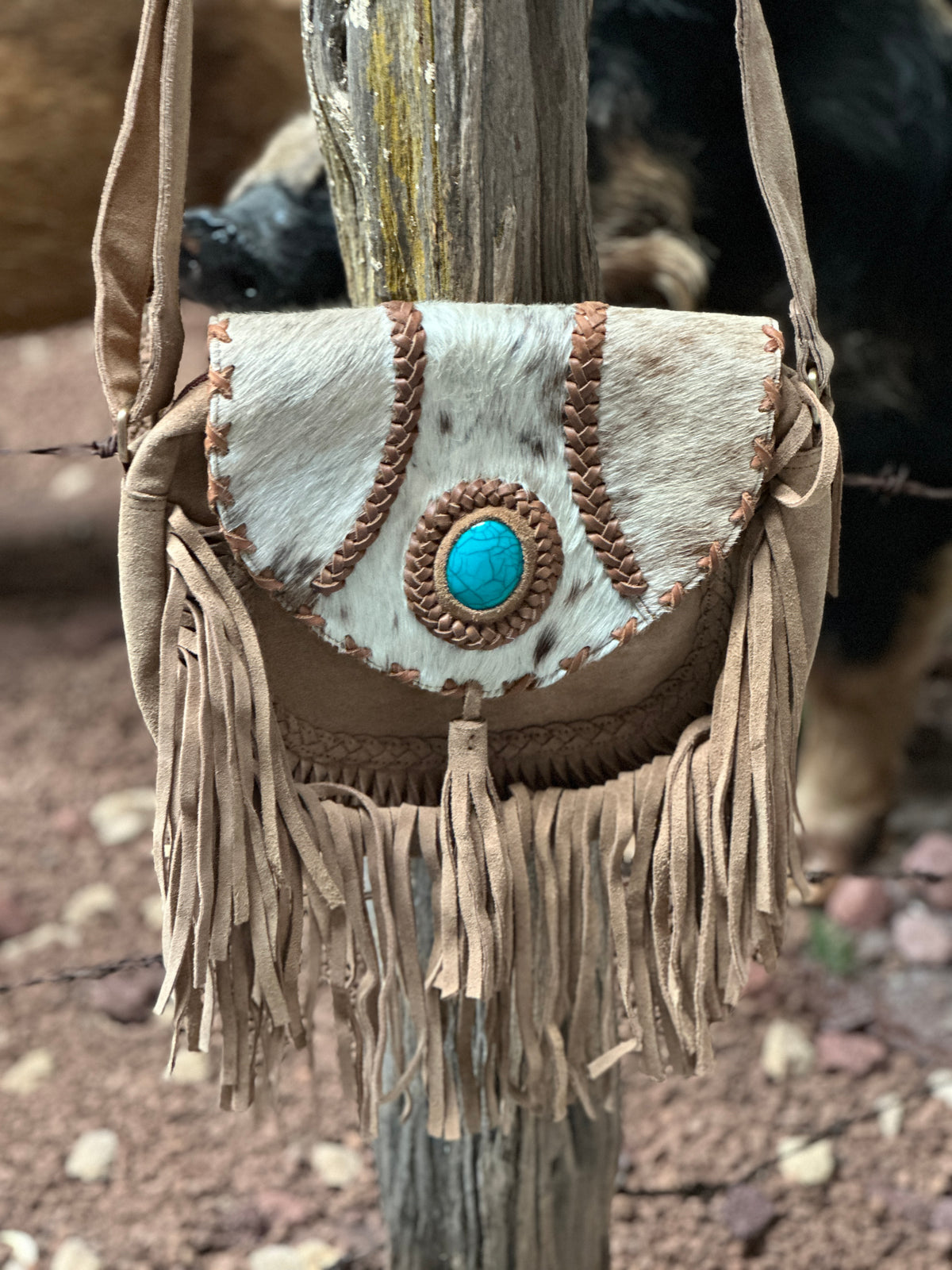Caramel Beige Suede + Tassel w/ Turquoise Stone Bag