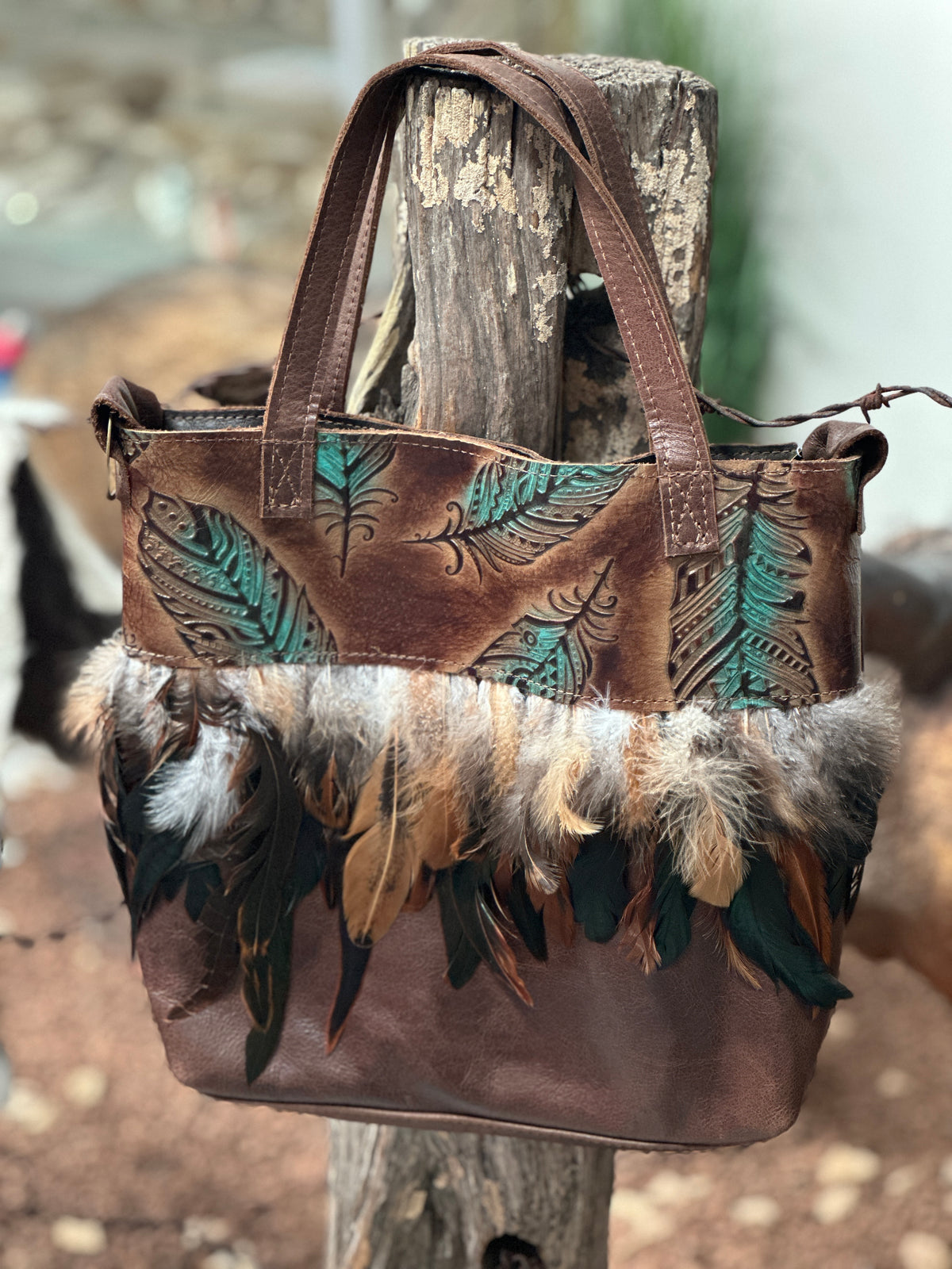 Tejas Brown Leather Bucket Hide Handbag Feather Accents 512e | Multi