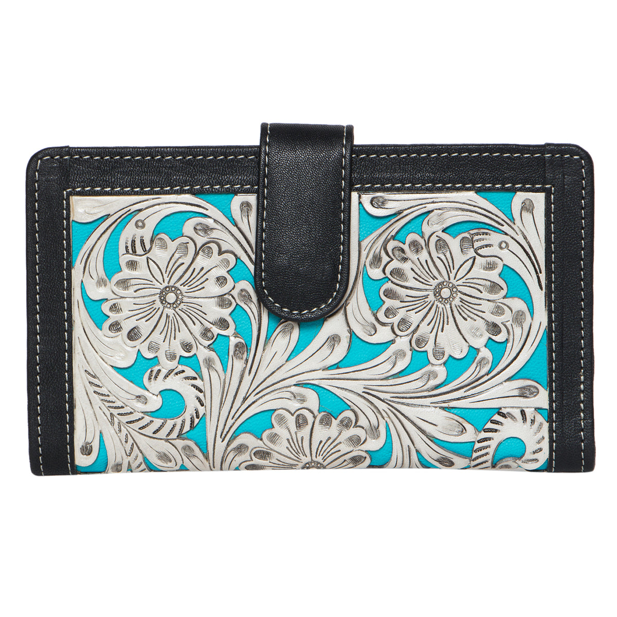 Tooling Leather Carved Clutch Wallet with Turquoise Base
