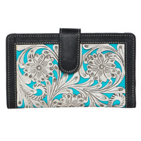 Tooling Leather Carved Clutch Wallet with Turquoise Base