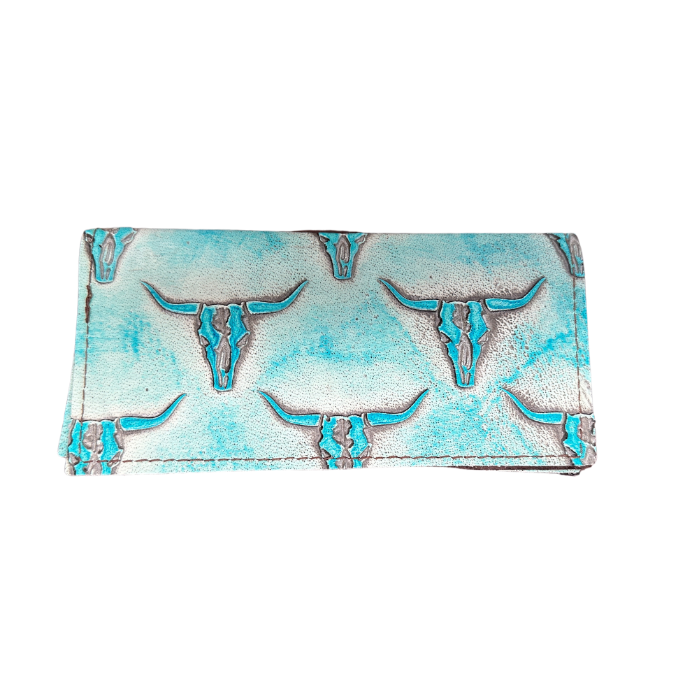 Embossed Leather Wallet-Turquoise Steer Head 304L | Multi