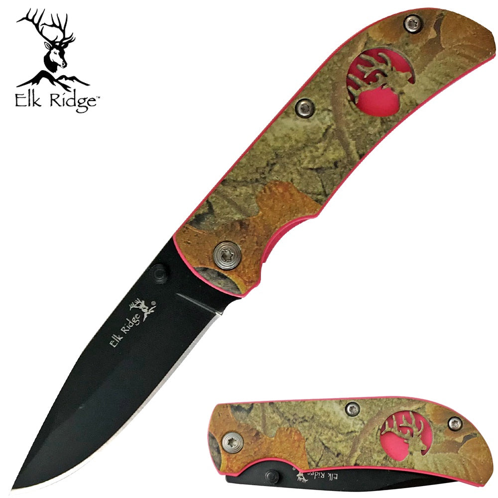 Elk Ridge - Camo Folding Knife with Pink Trim ER-120