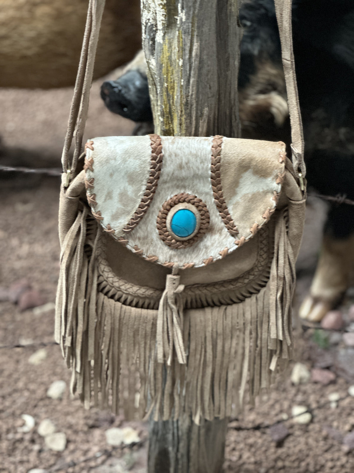 Caramel Beige Suede + Tassel w/ Turquoise Stone Bag
